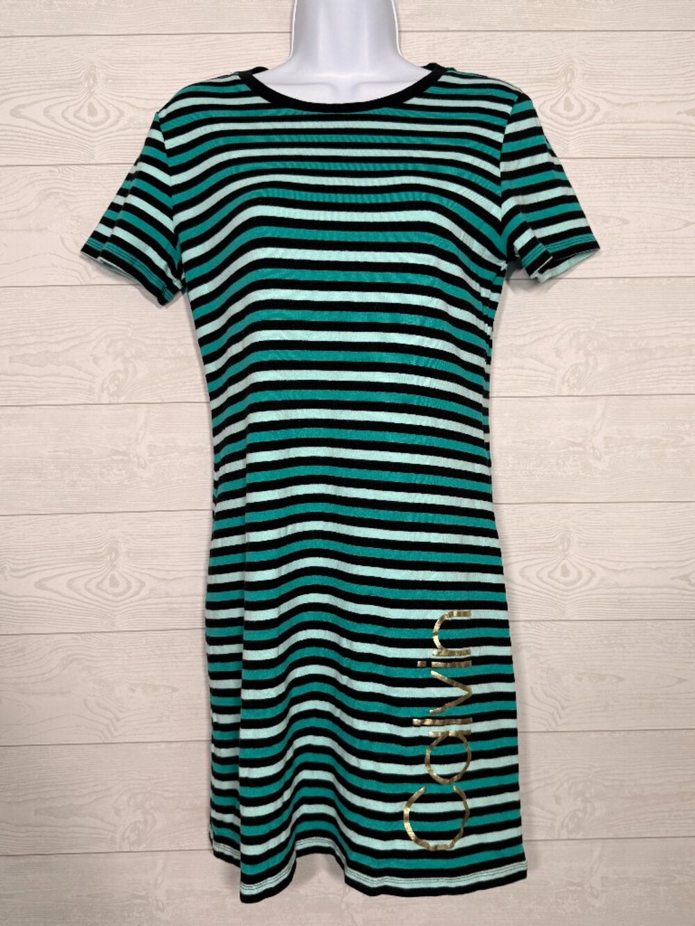 Calvin Klein Striped T-Shirt Dress Size M Teal Black Gold Logo